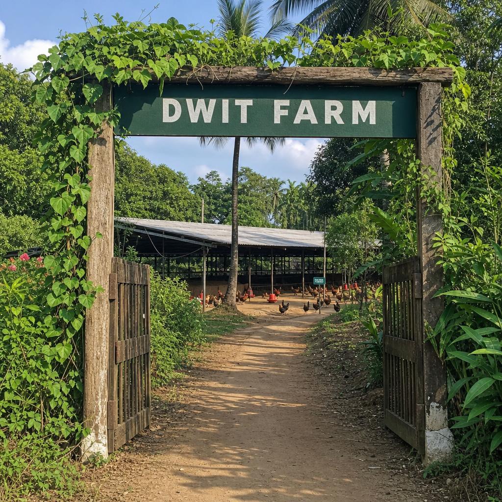 Entrance gate of DWIT Farm with poultry shed and free-ranging Gavran hens