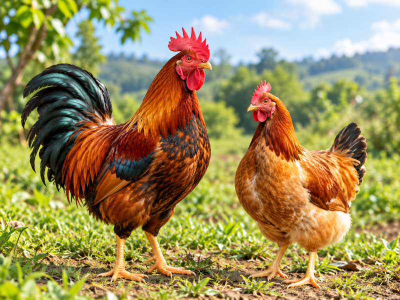 Gavran rooster and hen standing together outdoors on a farm