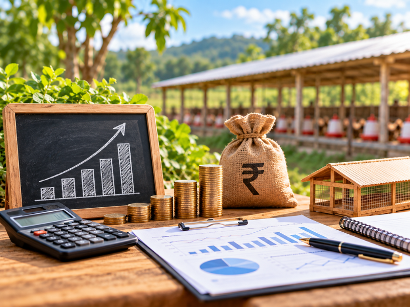 Poultry business planning with charts, coins, a calculator and a farm model