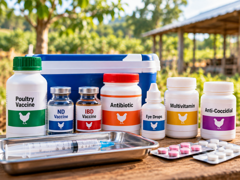 Poultry vaccines, medicines and health-care supplies on a farm